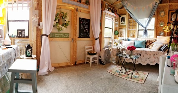 panoramic-shot-of-the-inside of the she shed and hobby space